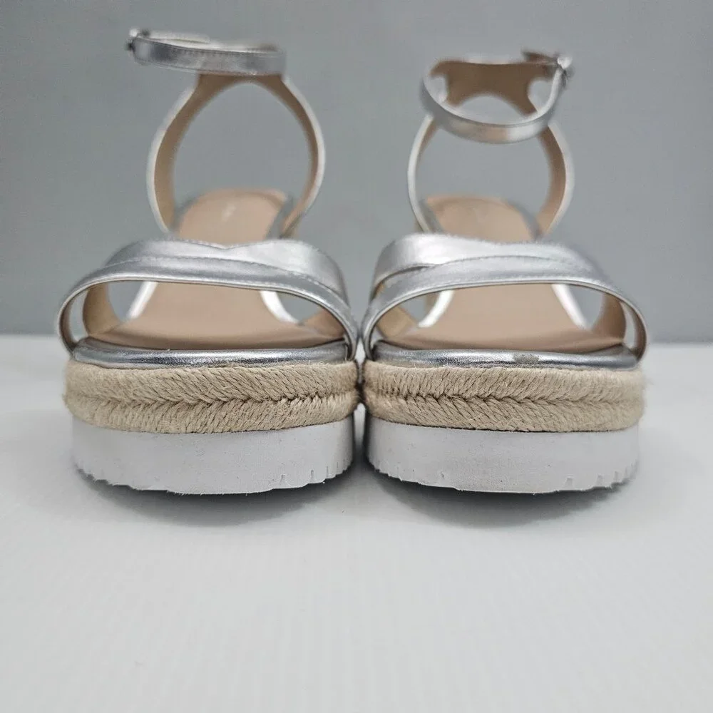 Stuart Weitzman Catalina Espadrille Wedge Sandal Size 10 Silver Leather Platform - Picture 6 of 16